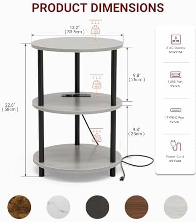 XBurmo Small Round End Table - 3 Tier Design Accent Table, Narrow Side or Bedside Stand, Industrial Vintage Table for Small Spaces, Built-in USB Ports and Power Outlet, Greige - Image 2