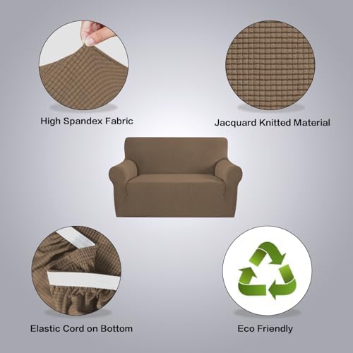 H.VERSAILTEX Stretch Couch Cover Loveseat Covers for 2 Cushion Couch Sofa Slipcover for Love Seat 1 Piece with Elastic Bottom, Checked Jacquard Fabric(Loveseat 58"-70" Wide, Macchiato) - Image 4