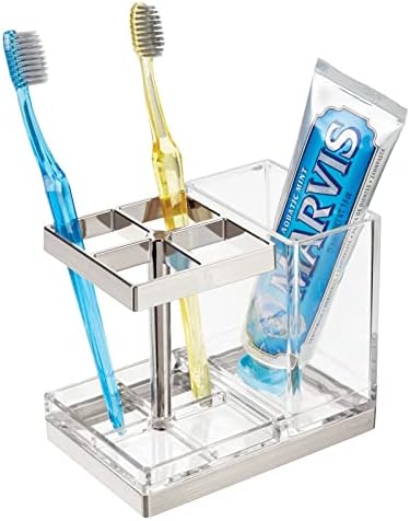 mDesign Plastic Toothbrush and Toothpaste Storage Organizer Holder - Home Decor for Bathroom Countertop - Holds Toiletries and Beauty Accessories - Lumiere Collection - Clear/Brushed by mDesign