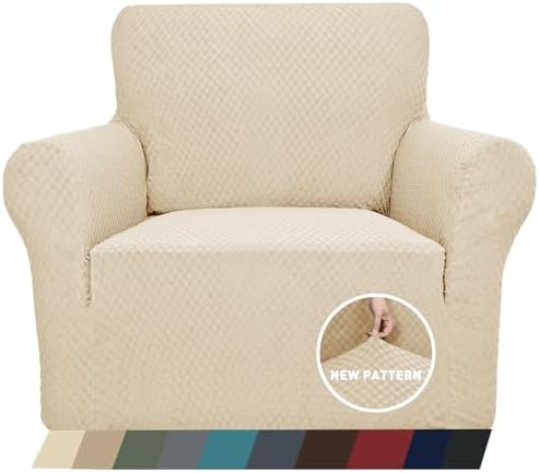 ZNSAYOTX 1 Piece Jacquard Chair Slipcovers for Living Room High Stretch Chair Covers with Arms Anti Slip Pets Friendly Couch Sofa Armchair Cover Furniture Protector (Chair, Light Beige) by ZNSAYOTX
