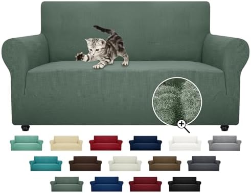 ZNSAYOTX Super Stretch Couch Cover Love Seat Sofa Covers for Living Room Dogs Pet Friendly Furniture Protector Spandex Loveseat Slipcovers with Anti Slip Foam Sticks (Pea Green, Loveseat) by ZNSAYOTX