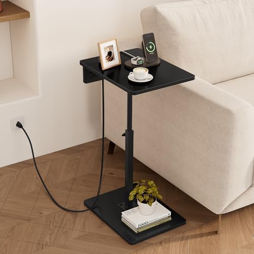C Shaped End Table with Charging Station, Adjustable Height C Table End Table, 360°Swivel TV Tray Table for Small Spaces, Rounded Corners Couch Table, Side Tables Living Room for Sofa,Chair,Snack,Bed - Image 2