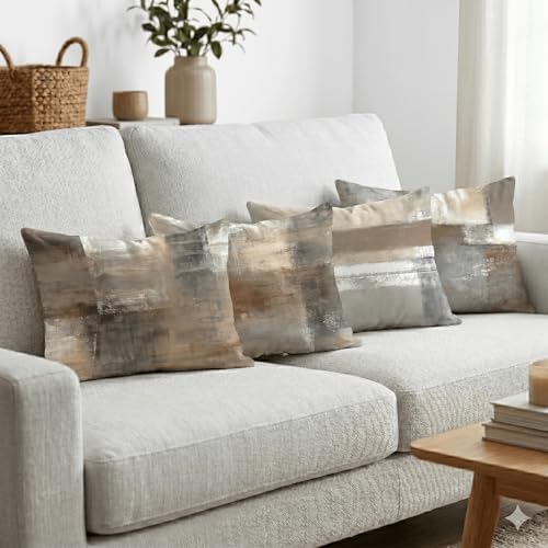 Set of 4 Abstract Throw Pillow Covers 12x20 Brown Tan Gray - Image 5