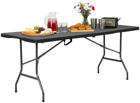 FDW | 6FT Folding Table | Black Ratten | Portable Plastic Table by FDW