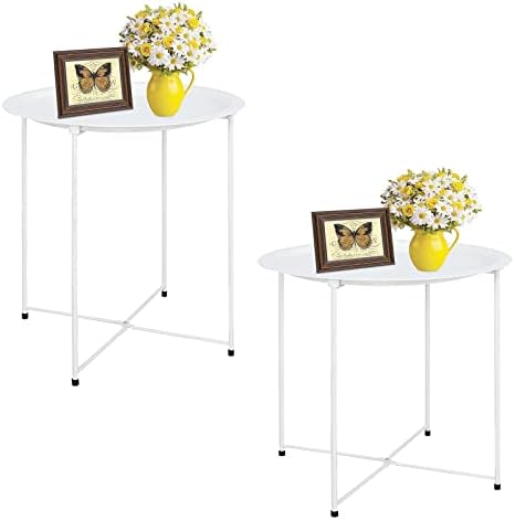 Garden 4 you End Table Metal Side Table Round Folding Tray Cyan Sofa Small Accent Fold-able Table, Round End Table Tray, Next to Sofa Table, Snack Table for Living Room and Bed Room,White by Garden4you