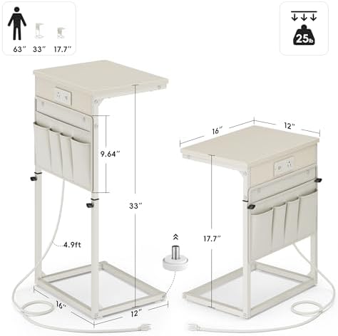 Vagusicc C-Shaped End Table with Charging Station, Small Side Table for Couch, 33" Tall C Table Adjustable Height Side Table, Couch Tables that Slide Under, Sofa Table TV Tray for Living Room, Cream - Image 3
