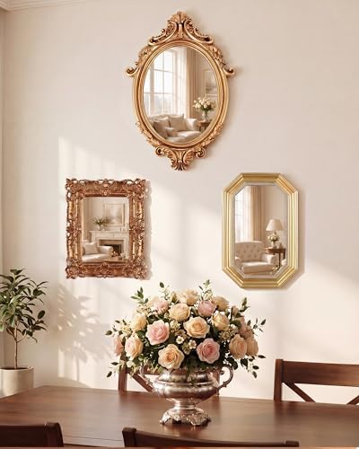 Wonderjune 3 Pcs Vintage Gold Mirror Set Wall Decorative, 8-15in Vintage Wall Mirror Hanging Antique Hanging with Stand for Living Room Home Wedding Decor(Court Baroque Style, 15in/11in/10in) - Image 4