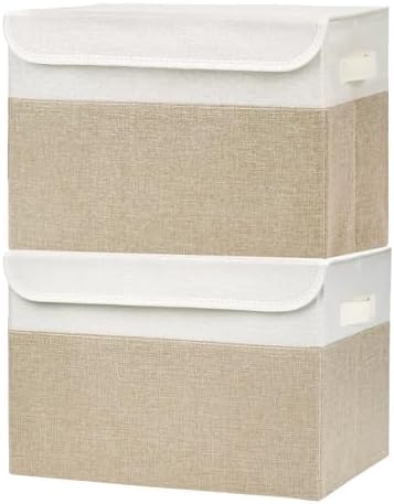 Bagnizer Large 42 Quarts Fabric Storage Bins with Lids [2-Pack] Linen Collapsible Foldable Baskets, Closet Organizer Containers boxes with Handles for Home Office (16.7 x 12 x 12, Beige & White) by Bagnizer