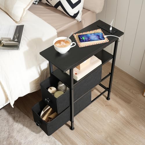 HOOBRO End Table with Charging Station, Narrow Side Table with 2 Fabric Drawers, Skinny Nightstand with Storage, Slim Bedside Table for Bedroom, Living Room, Small Spaces, Black BB487UBZ01 - Image 2