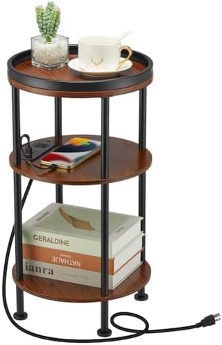 Small Round Side Table with Charging Station for Small Spaces, 3-Tier Accent Table with USB Ports & Power Outlets, Sofa Corner Tea Table for Living Room Nightstand Bedroom Apartment (USB, Cherry) by Zexvida