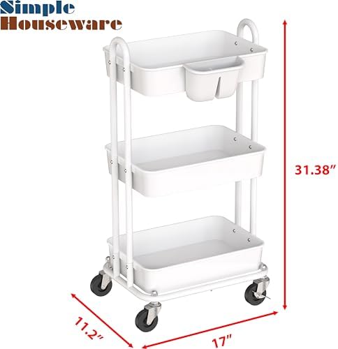 Simple Houseware 3-Tier Rolling Utility Cart with Hanging Bucket, White - Image 6