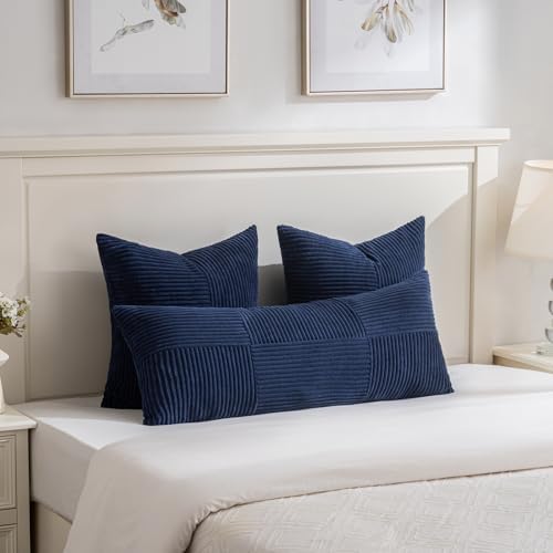 Fancy Homi 2 Packs Navy Blue Decorative Throw Pillow Covers 20x20 Inch for Living Room Couch Bed Sofa, Rustic Farmhouse Boho Home Decor, Soft Corss Corduroy Patchwork Accent Cushion Case 50x50 cm - Image 5