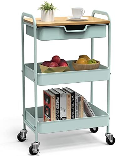 3 Tier Rolling Cart, Utility Cart with Drawer& Table Top, Mint Green by Aratan