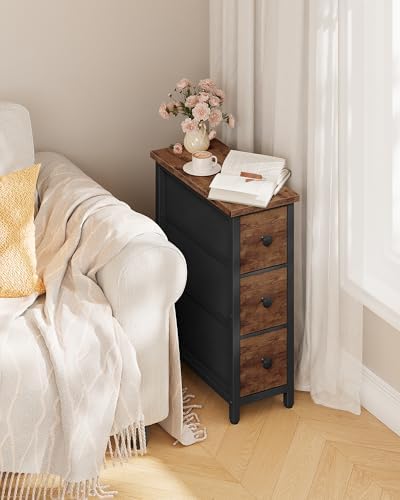 CHOEZON Narrow Side Table with 3 Fabric Drawers, Industrial Slim Bedside Table for Small Spaces, Bedroom, Living Room, Dormitory, Rustic Brown and Black TBZ09BF - Image 6