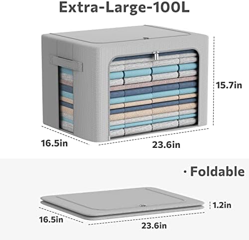 CYhom 3Pack Frame Storage Box - Clothes Storage Bin Bags Oxford Fabric Foldable Stackable Container Organizer Set with Clear Window & Carry Handles (Grey, Extra Large-100L) - Image 4