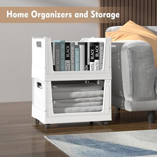 Stackable Plastic Storage Basket, 3 Pack Foldable Closet Organizers and Storage Bins with Wheels, Collapsible Drawer Shelf Storage Box Container for Office Bedroom Closet Wardrobe Kitchen Bathroom - Image 4