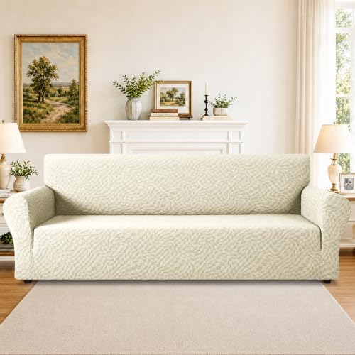 ZNSAYOTX 1 Piece Stretch Oversized Sofa Covers (91"-112"), New Plaid Couch Cover with Non-Slip Buckle for Dog Pets, Ultimate Soft Cozy Washable X-Large Sofa Slipcover Form Fit Protector, Beige - Image 2