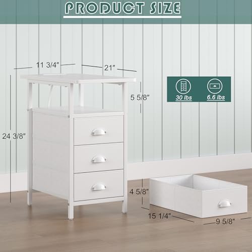 sthmec End Table with Charging Station, Side Tables Livingroom with USB Ports and Outlets,Narrow Nightstands Bedside Tables with 3 Drawers PU Finish for Small Space,Slim Sofa Table Bedroom,White - Image 3