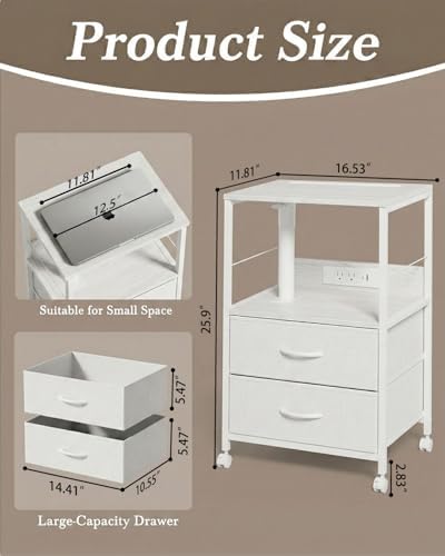 Faesun Swivel Lift Top Nightstand with Charging Station, Rolling Side Table for Recliner, Bedside Table with Wheels & 2 Fabric Drawers, for Small Spaces, for Bedroom, Living Room, White - Image 2