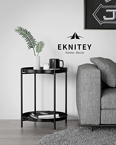 EKNITEY 2 Tier End Table - Metal Side Table with Removable Tray (Black) - Image 5