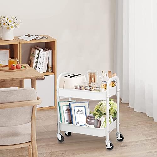 2 Tier All-Metal Rolling Cart, Rolling Storage Cart with Handle and Locking Wheels Kitchen Cart Laundry Office Bathroom Storage Organizer Cart, White - Image 2