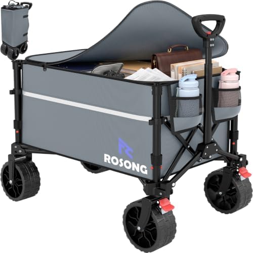 ROSONG Collapsible Wagon Cart with Wheels, Grey with Cover, 120L by ROSONG