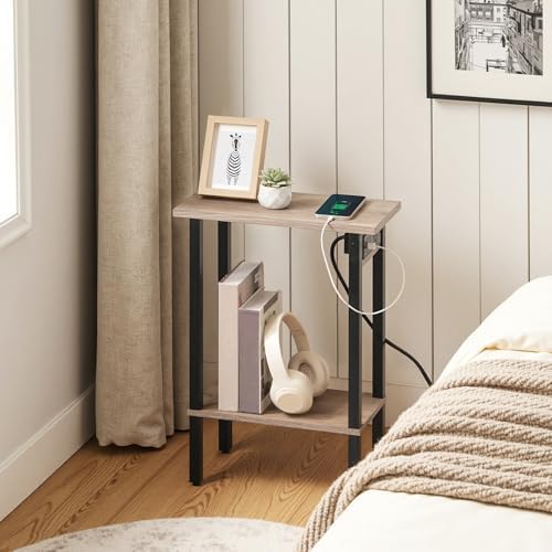 HOOBRO Narrow Side Tables, Set of 2, 2-Tier Slim End Tables with Charging Station, Skinny Nightstands with Open Storage, for Small Spaces, Living Room, Bedroom, Study,Greige and Black BG240UBZP201 - Image 5