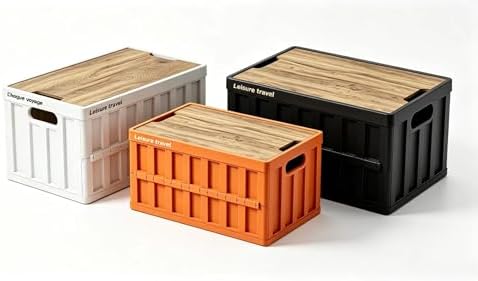 3 Pack 50L Mix Color Random Collapsible Storage Crate with Wooden Lid, Stackable Foldable Bin with Handles by Unknown