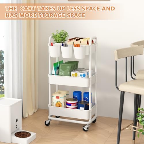 JIUYOTREE 3-Tier Plastic Rolling Storage Cart Utility Cart with Extra Hanging Cups Handles Lockable Wheels for Living Room Bathroom Kitchen Office White - Image 4
