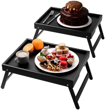 Fibogollo 2 Pack Bamboo Bed Tray Table with Folding Legs,Breakfast Trays,Serving Tray for Food and Snack,Laptop Trays for Working(Black) by Fibogollo