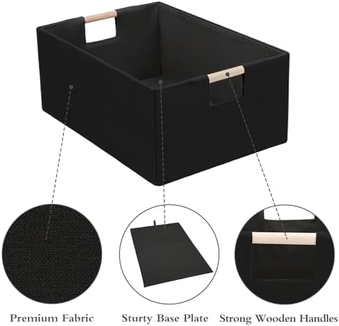 Foldable Fabric Storage Cubes, Cloth Storage Baskets with Wooden Handles, Shelf Closet Organizer Bins, Rectangular Linen Storage Boxes for Decor, 16.5 x 12.2 x 6.7 Inches - Image 4