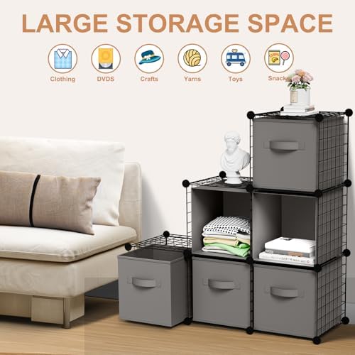 Leinuosen 6 Cube Storage Organizer with 6 Foldable Fabric Storage Bins, Metal Wire Grid Shelves, Stackable Modular Closet Organizer for Bedroom Living Room Office Toys Books(Black,Gray) - Image 6
