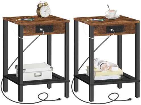 HOOBRO Side Table with Charging Station, Set of 2 End Table with USB Ports and Outlet, Nightstand with 2-Tier Storage Shelf, Faux Rattan Decoration, for Small Space, Rustic Brown and Black BF91UBZP201 by HOOBRO