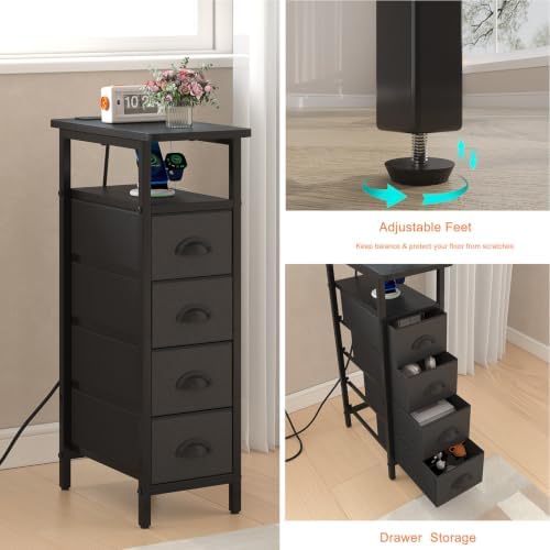 sthmec Side Table with Charging Station, Narrow End Table with 4 Drawers, LED Nightstands with Fabric Drawers,Slim Sofa Couch Side Tables for Small Spaces,Living Room,Bedroom, Black - Image 6