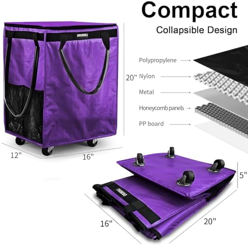 (Medium,Violet) Reusable Grocery Bag on Wheels, 70L Foldable Rolling Tote, Extra Storage for Shopping, Zipper Clouser Shopping Carts for Groceries, Laundry, Camping, Moving, 4 Heavy Duty Wheels - Image 4