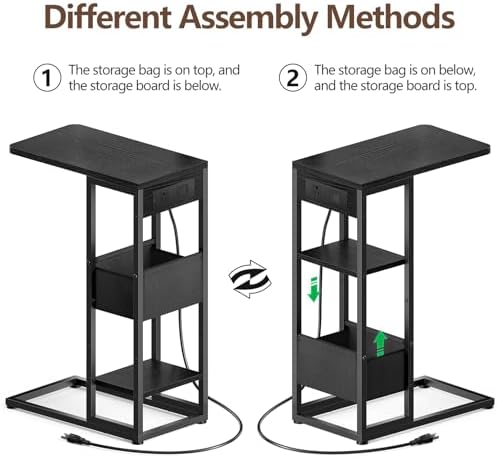 C Shaped End Table with Charging Station, Small Side Table for Couch Recliner, Slide Under Sofa Desk Snack Tables with Storage Bag & AC / USB Outlet, Small Spaces Drink Tables for Living Room, Bedroom - Image 6