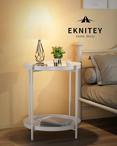 EKNITEY 2 Tier End Table - Metal Side Table with Removable Tray (White) - Image 4