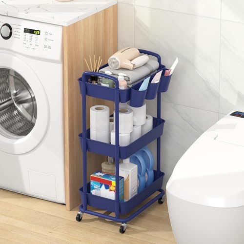 JIUYOTREE 3-Tier Plastic Rolling Storage Cart Utility Cart Blue - Image 3
