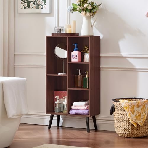 LEYAOYAO 5 Cube Bookshelf, Mid-Century Modern Book Shelf with Legs, Walnut - Image 6