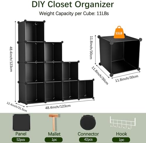 Whitmor 16 Cube Closet Organizers and Storage, Stackable Plastic Closet Shelves with Hooks & Mallet, DIY Clothes Organizer, Cube Bookshelf, Portable Storage Organizer for Bedroom, Home, Office, Black - Image 2