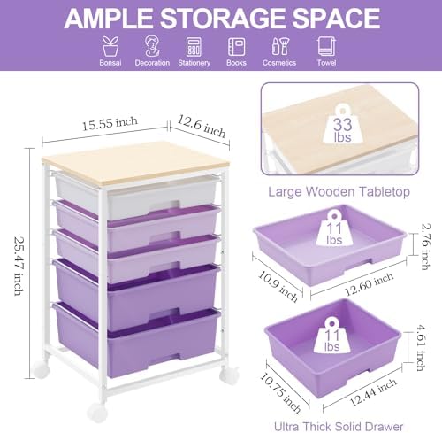 SYKIARIOL Utility Cart with 5 Drawers with Wooden Top,Purple - Image 3