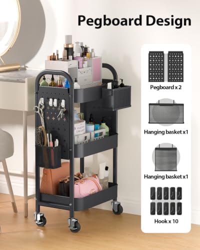ALVOROG 3 Tier Metal Rolling Utility Cart with Pegboards,Baskets,Hooks - Image 3