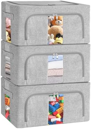 3 Pack Clothes Storage Bins, Foldable Metal Frame Storage Box with Lids,Stackable Linen Fabric Organizer Set with Carrying Handles,Zippers,and Clear Window (Grey, 24L) by Biyoeepeelstickwallpaper