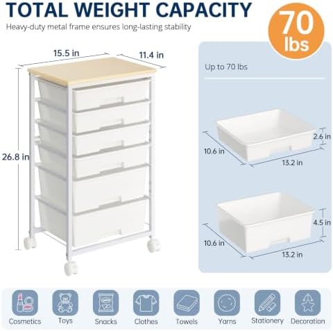 Delamu Rolling Storage Cart with 6 Drawers, Utility Craft Storage Cart - Image 2