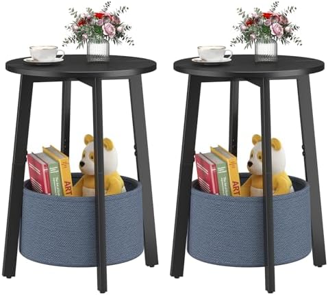 sthmec Small Round Side End Table Set of 2 with Cloth Storage Basket, Round Bedside Sofa Couch Coffee Tables for Small Places with Metal Frame, Modern Nighstands for Living Room Bedroom,Black by Unknown