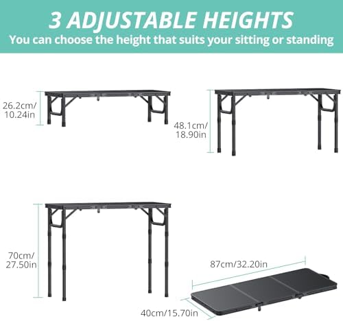 VINTEAM Tri-Folding Camping Table with 3 Adjustable Heights, Lightweight Portable Outdoor Picnic BBQ Table, Black Aluminum Folding Grill Table for Camping, RV, Beach, Fishing & Backyard - Image 2