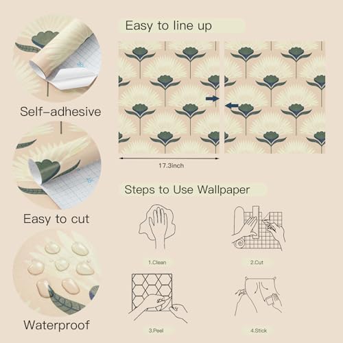 Safiyya Peel and Stick Wallpaper Boho Floral Wallpaper for Bedroom Living Room Removable Self Adhesive Floral Cottage 17.3inx393in Vinyl Contact Paper for Cabinets Accent Wall - Image 4