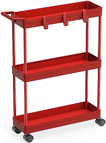 Simple Houseware 3-Tier Slim Rolling Cart w/Handle 5.5" Wx27.5 H, Red by SimpleHouseware