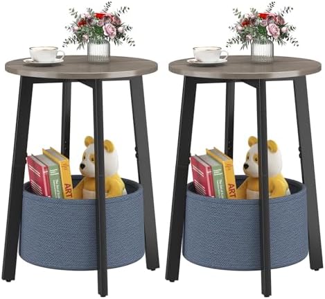 sthmec Small Round Side End Table Set of 2 with Cloth Storage Basket, Round Bedside Sofa Couch Coffee Tables for Small Places with Metal Frame, Modern Nighstands for Living Room Bedroom,Grey by Unknown