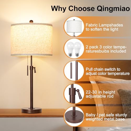 Qingmiao Table Lamps Set of 2, 22" to 30" Adjustable Nightstand Lamps for Bedroom, Dimmable End Table Lamps for Living Room Console Entry Farmhouse Home Decor, New House Warming Gifts - Image 3